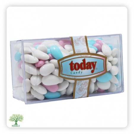 TODAY, almond dragee in pink, blue, and white colors, rectangular package, 18x450g