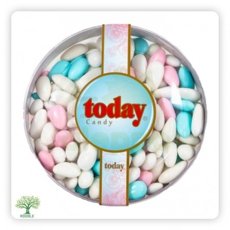 TODAY, almond dragee in pink, blue, and white colors, round package, 16x450g